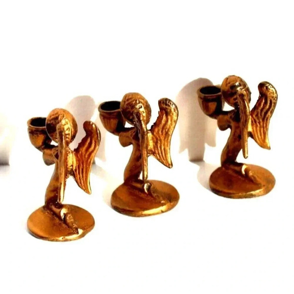 Vtg Ornate Lot 3 Miniature Dollhouse Gold Candle Stick Holders Praying ANGELS - Picture 2 of 3